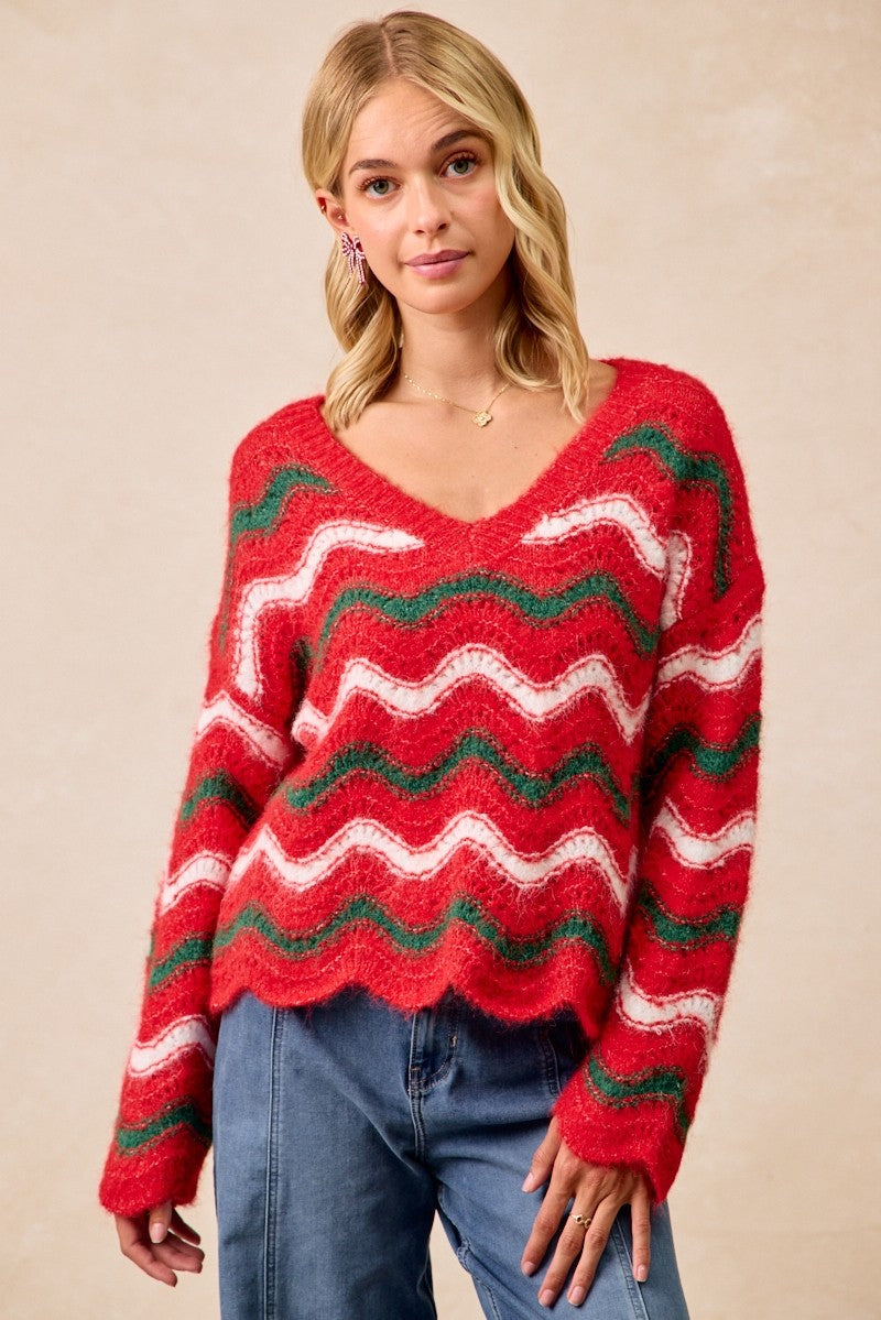 Christmas Waves V Neck Sweater