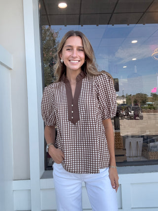 Plaid Collared Puff Sleeve Blouse