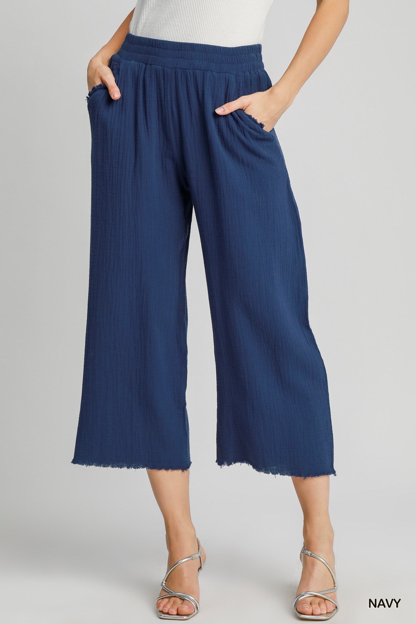 Umgee Textured Gauze Navy Wide Leg Pant