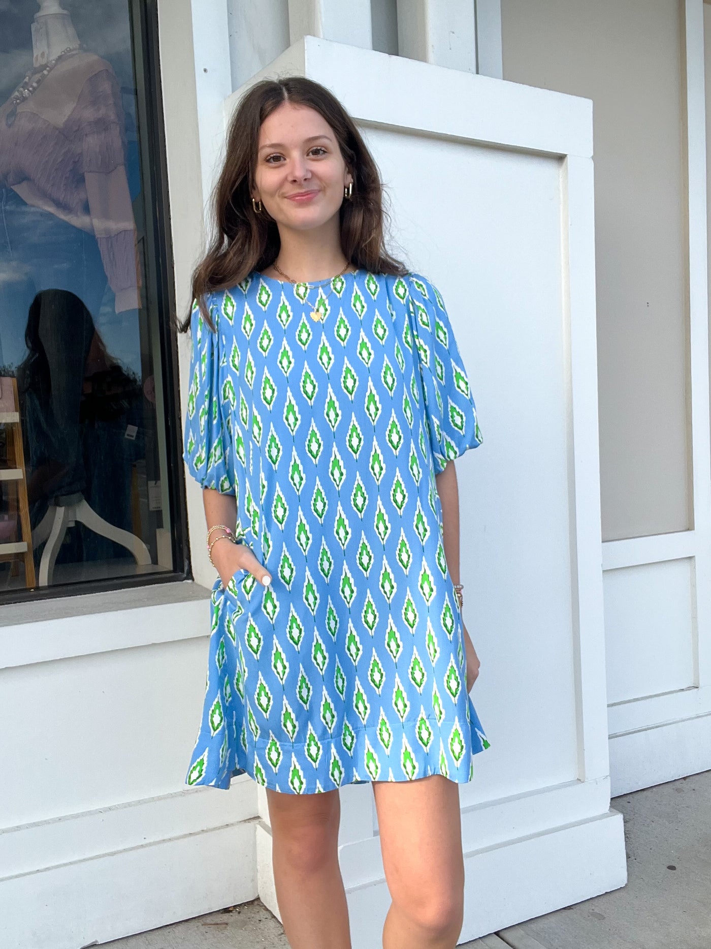 Umgee Leaf Print Dress with Puff Sleeves