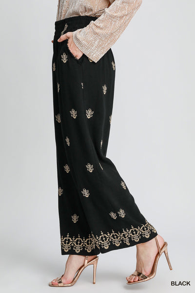 Umgee Embroidered Detail Linen Pant