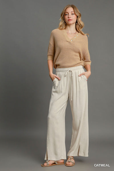 Umgee Oatmeal Washed Wide Leg Linen Pant