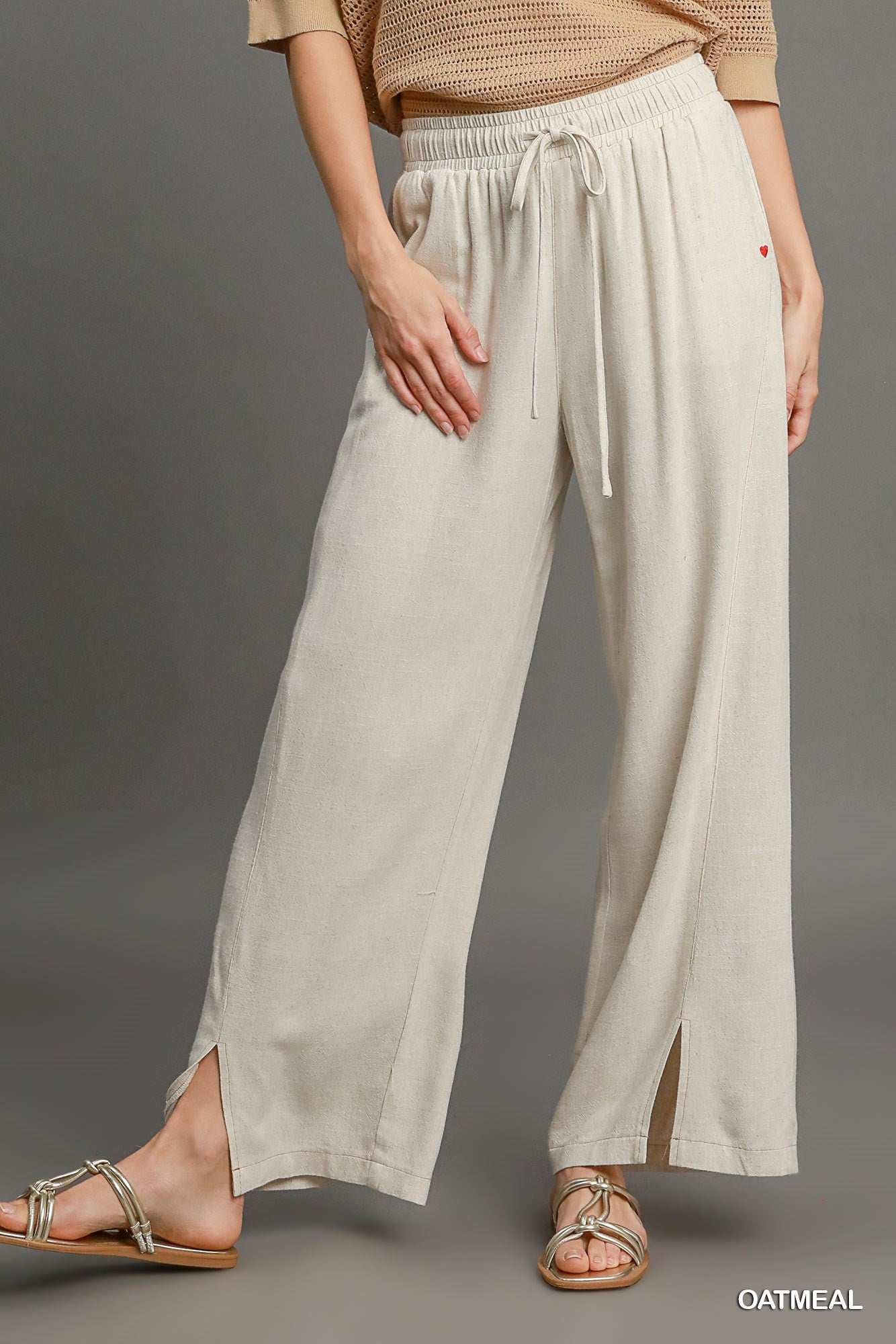 Umgee Oatmeal Washed Wide Leg Linen Pant