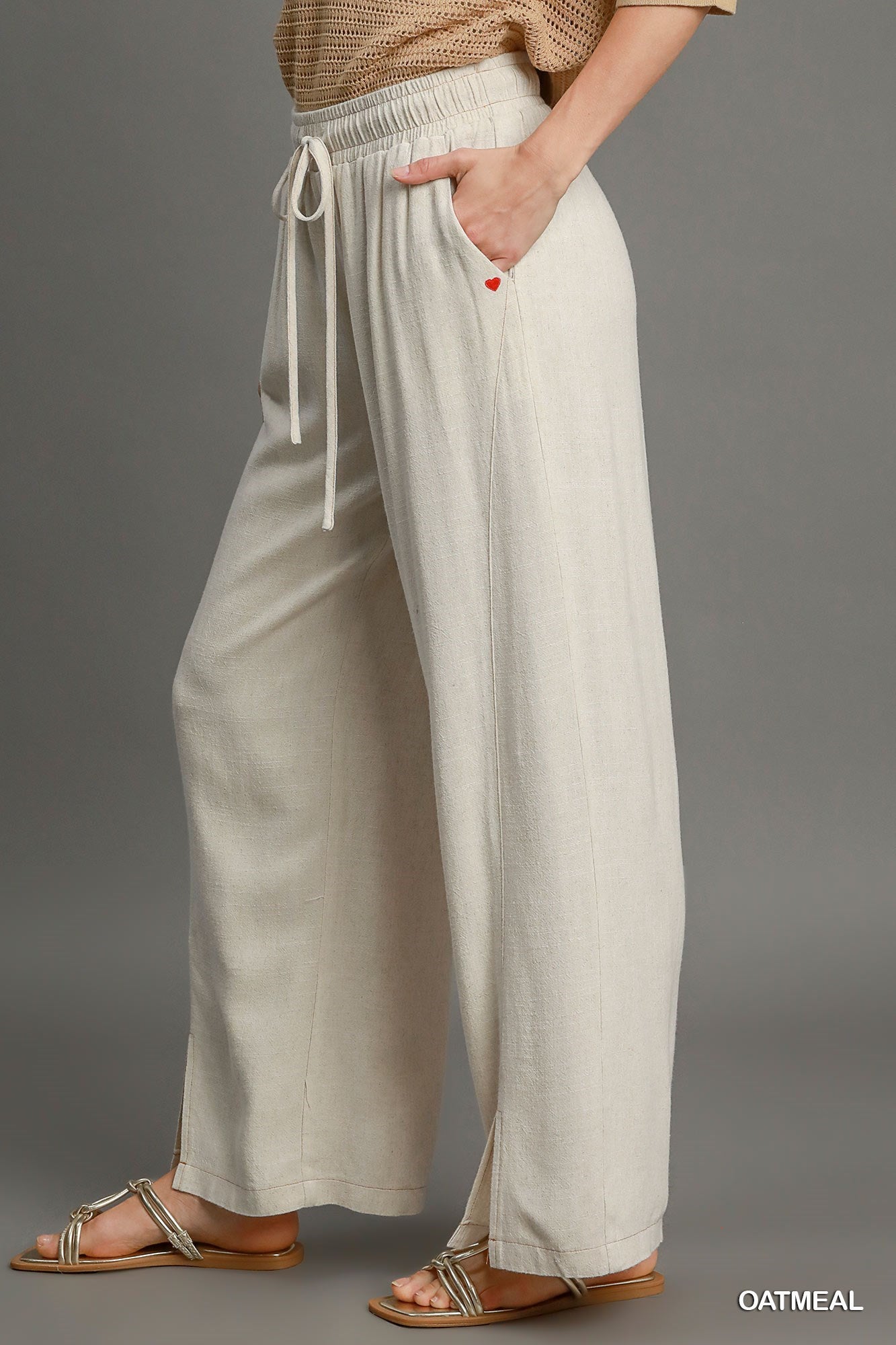 Umgee Oatmeal Washed Wide Leg Linen Pant