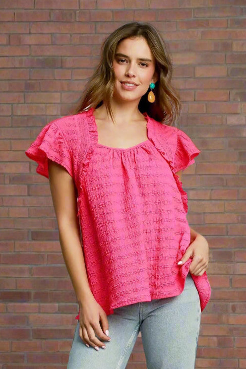 Umgee Textured Ruffle Sleeve Blouse