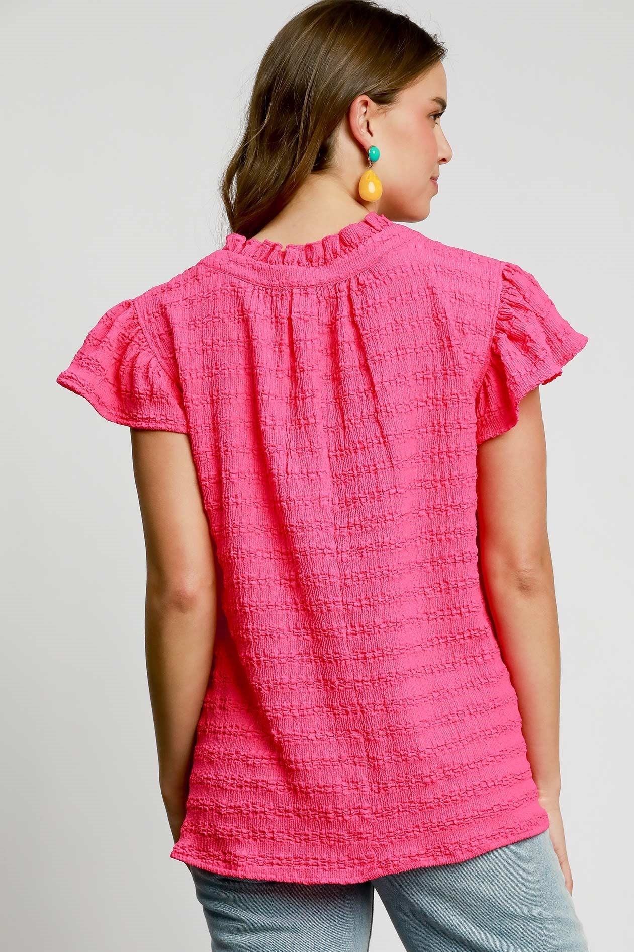 Umgee Textured Ruffle Sleeve Blouse