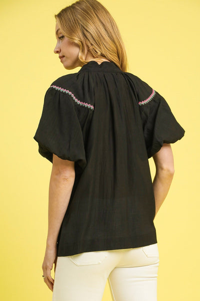 Umgee Floral Embroidered Puff Sleeve Blouse