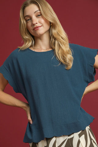 Umgee Scallop Hem Linen Blend Top