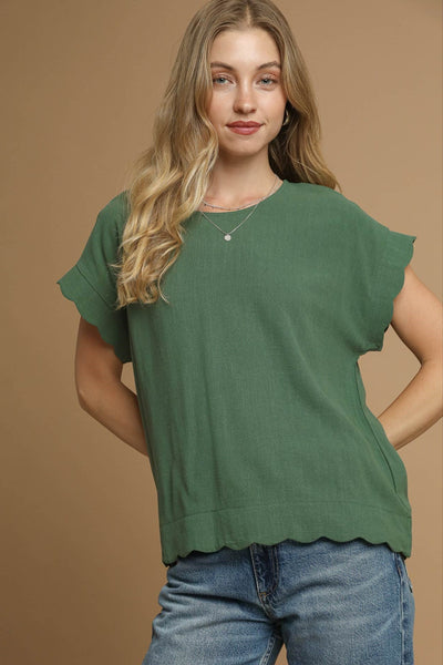 Umgee Scallop Hem Linen Blend Top