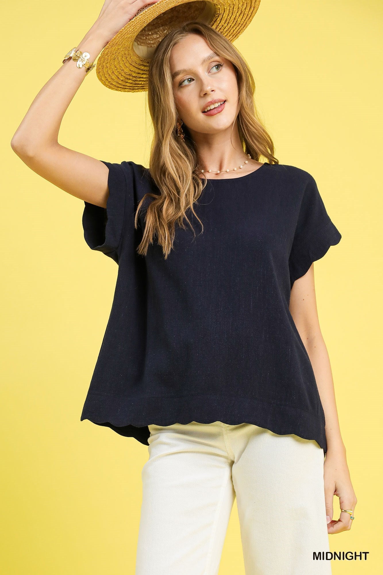 Umgee Scallop Hem Linen Blend Top