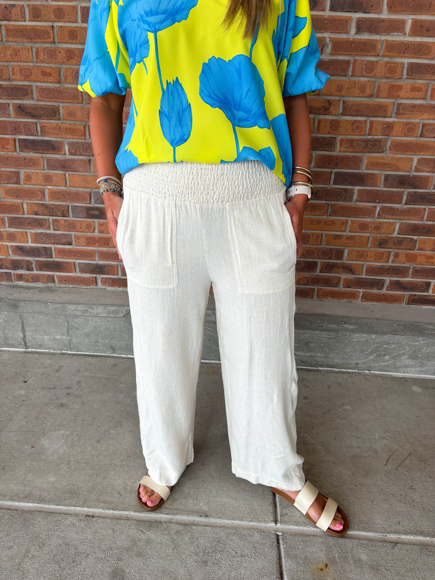 Umgee Linen Wide Leg Smocked Waist Pants