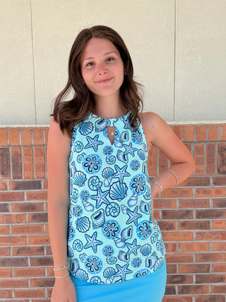 LuLu B Gingham Shells Blue Halter Keyhole Top