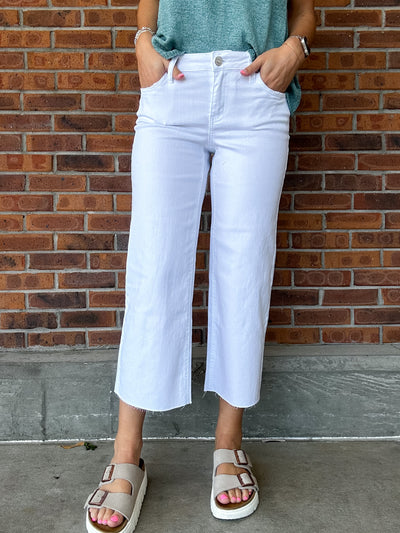 Mid Rise White Cropped Wide Leg Jeans
