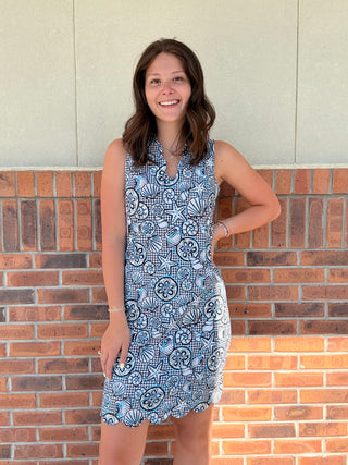 Lulu B Gingham Shells Neutral Sleeveless Scallop Dress