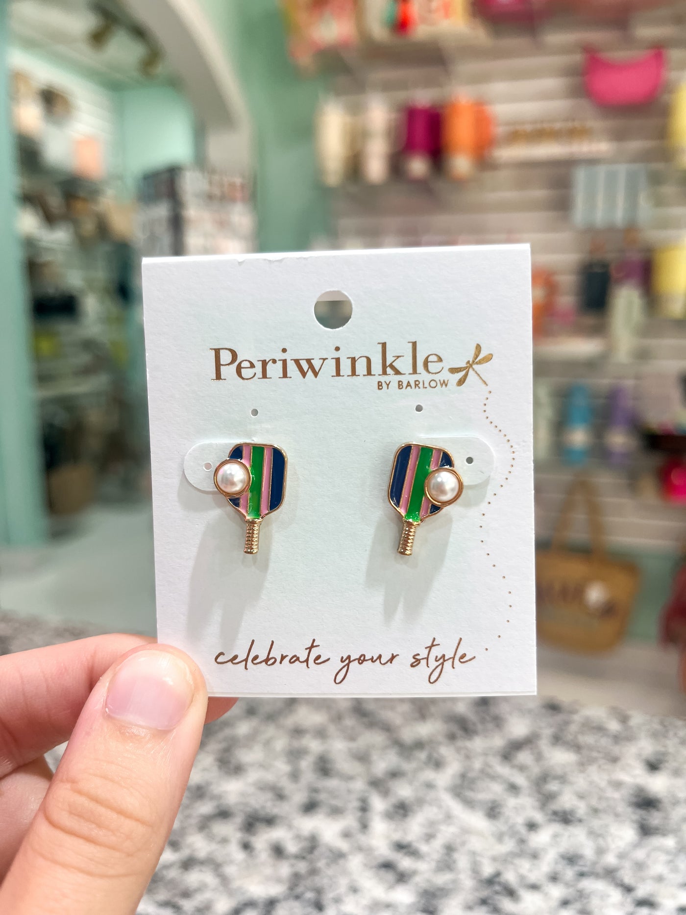 Periwinkle Multi Stripe & Pearl Pickleball Earrings