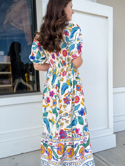 Umgee Floral Print Square Neck Midi Dress