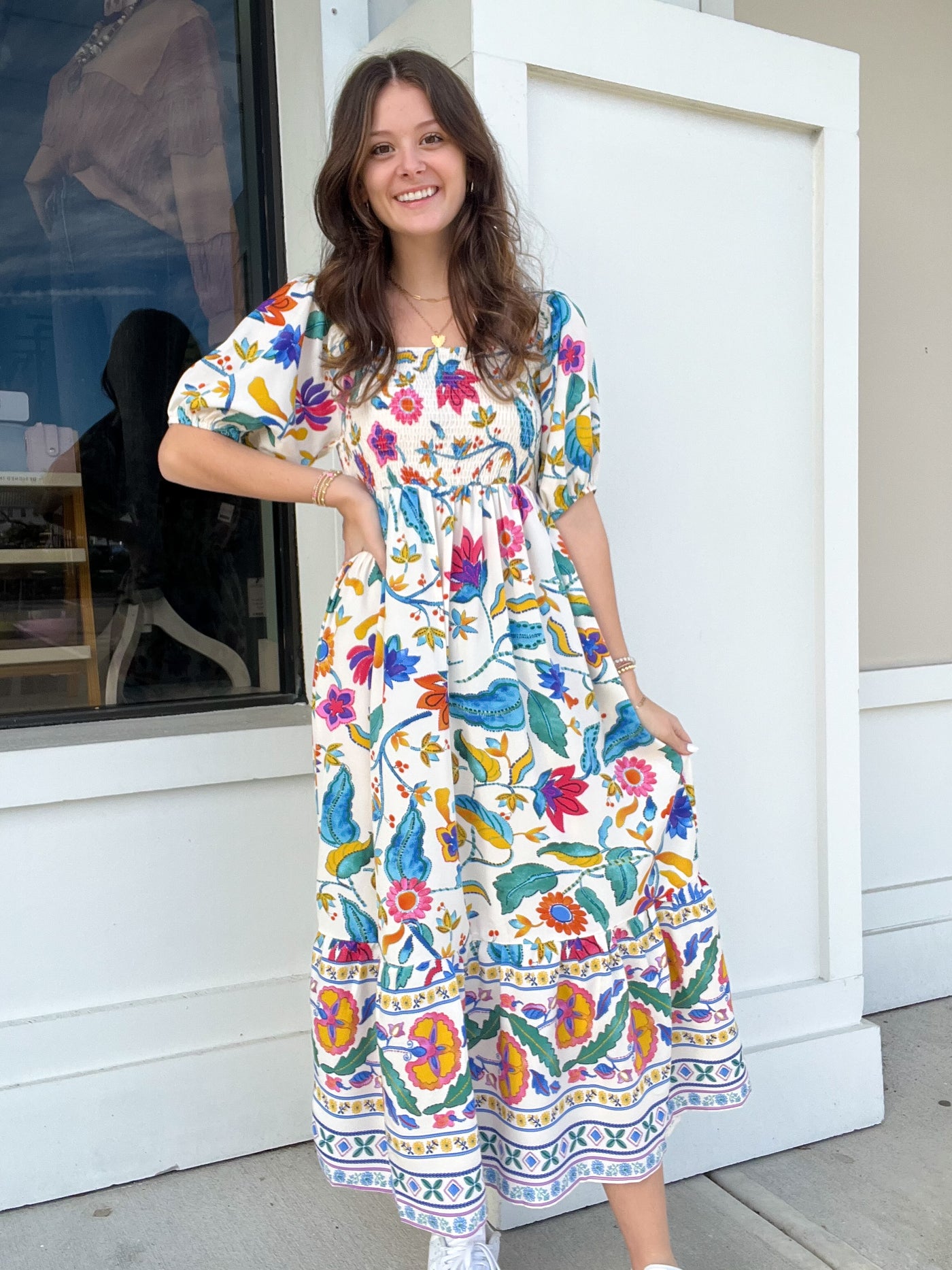 Umgee Floral Print Square Neck Midi Dress