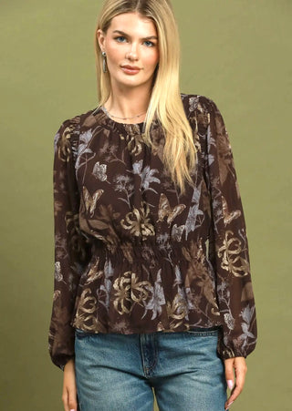 Umgee Mocha Butterfly Garden Peplum Blouse