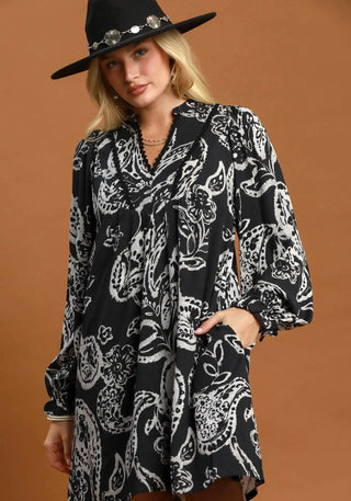 Umgee Midnight Paisley Lace Trim Dress