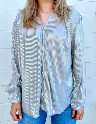 Silver Metallic V Neck Top