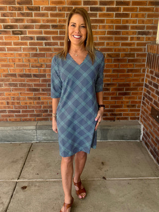 LuLu B Navy Gingham V-Neck Elbow Sleeve Dress