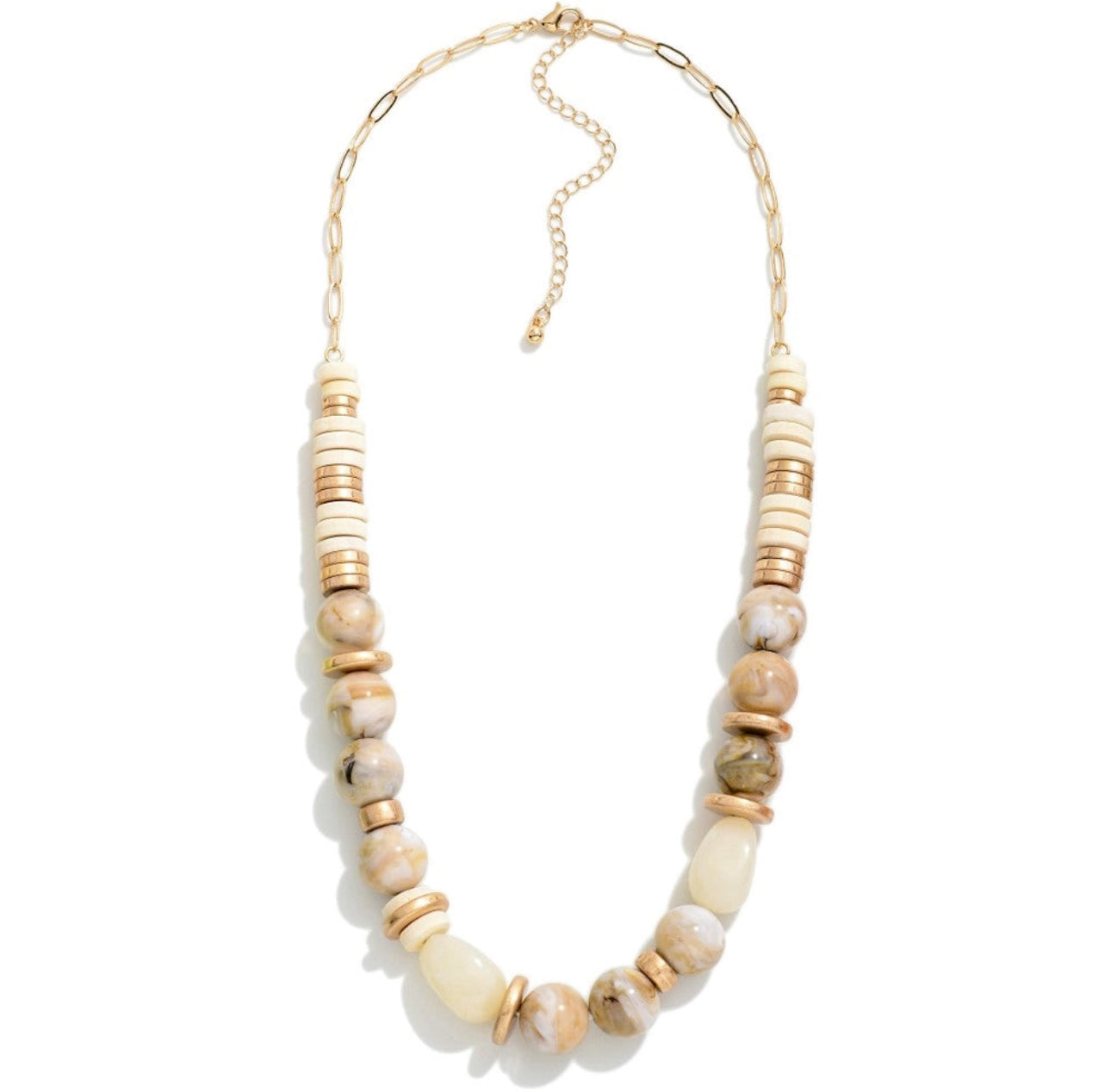 Marbled Beaded Necklace Featuring Wood Disc Details