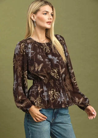 Umgee Mocha Butterfly Garden Peplum Blouse