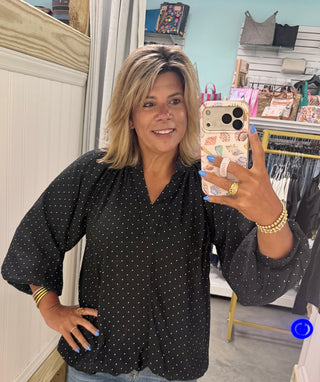 Umgee Polka Dot Textured Balloon Sleeve Blouse