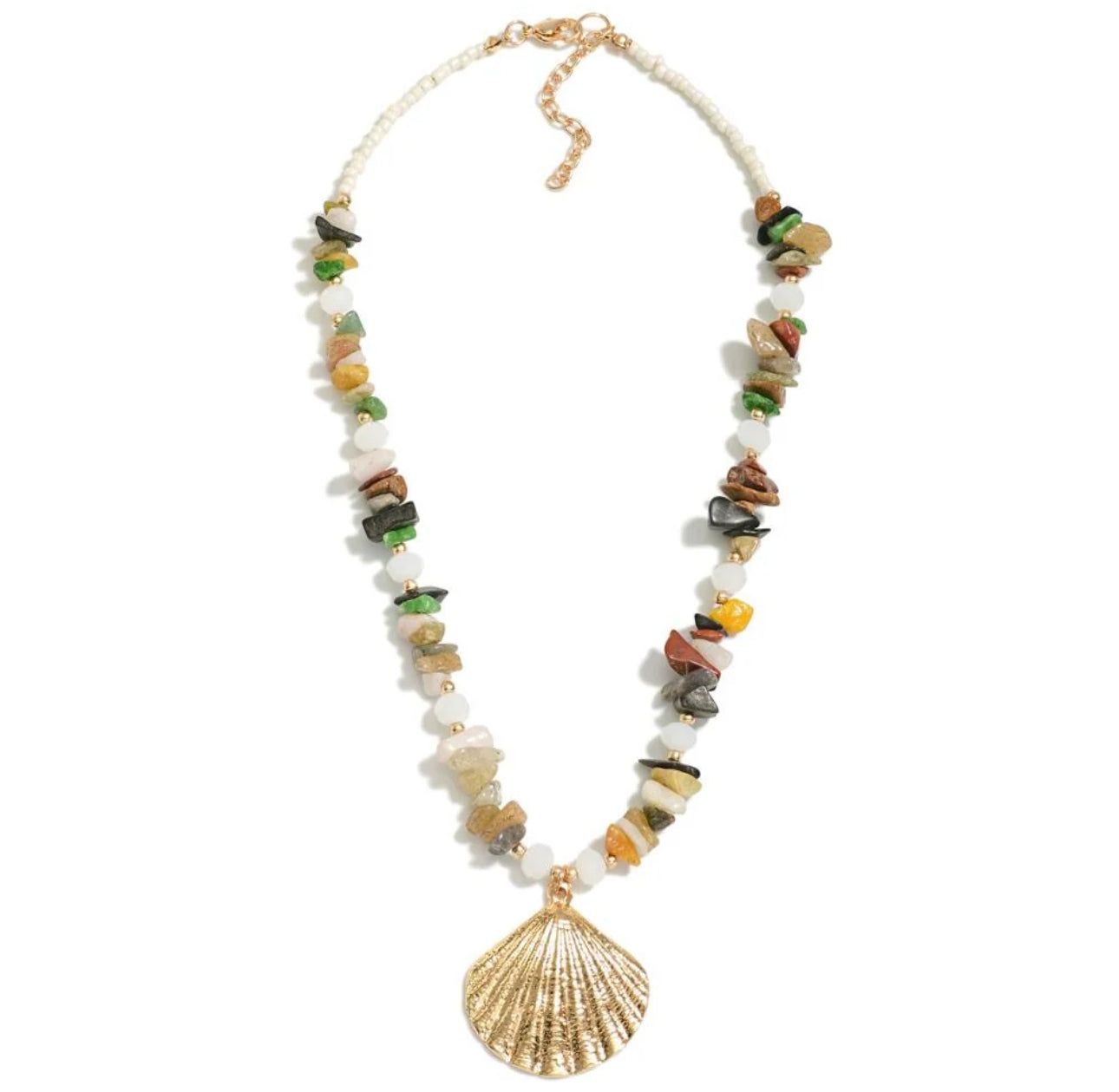 Natural Stone Beaded Necklace With Metal Tone Shell Pendant