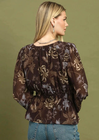 Umgee Mocha Butterfly Garden Peplum Blouse