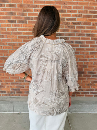 Umgee Floral Print Split Neck Blouse