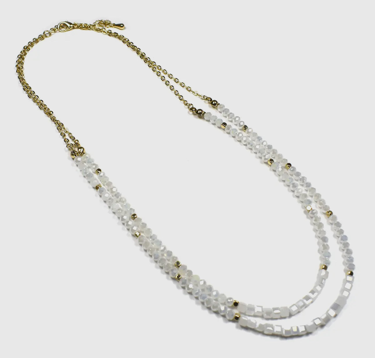 Iridescent Glass Beaded Chain Double Strand Line Necklace