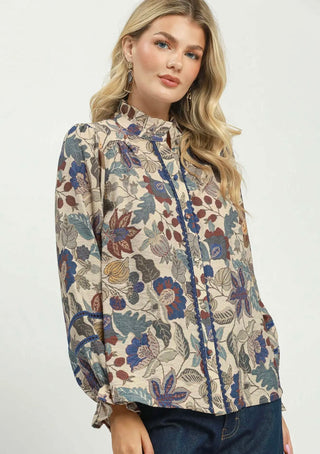 Umgee Vintage Garden Ruffle Neck Blouse