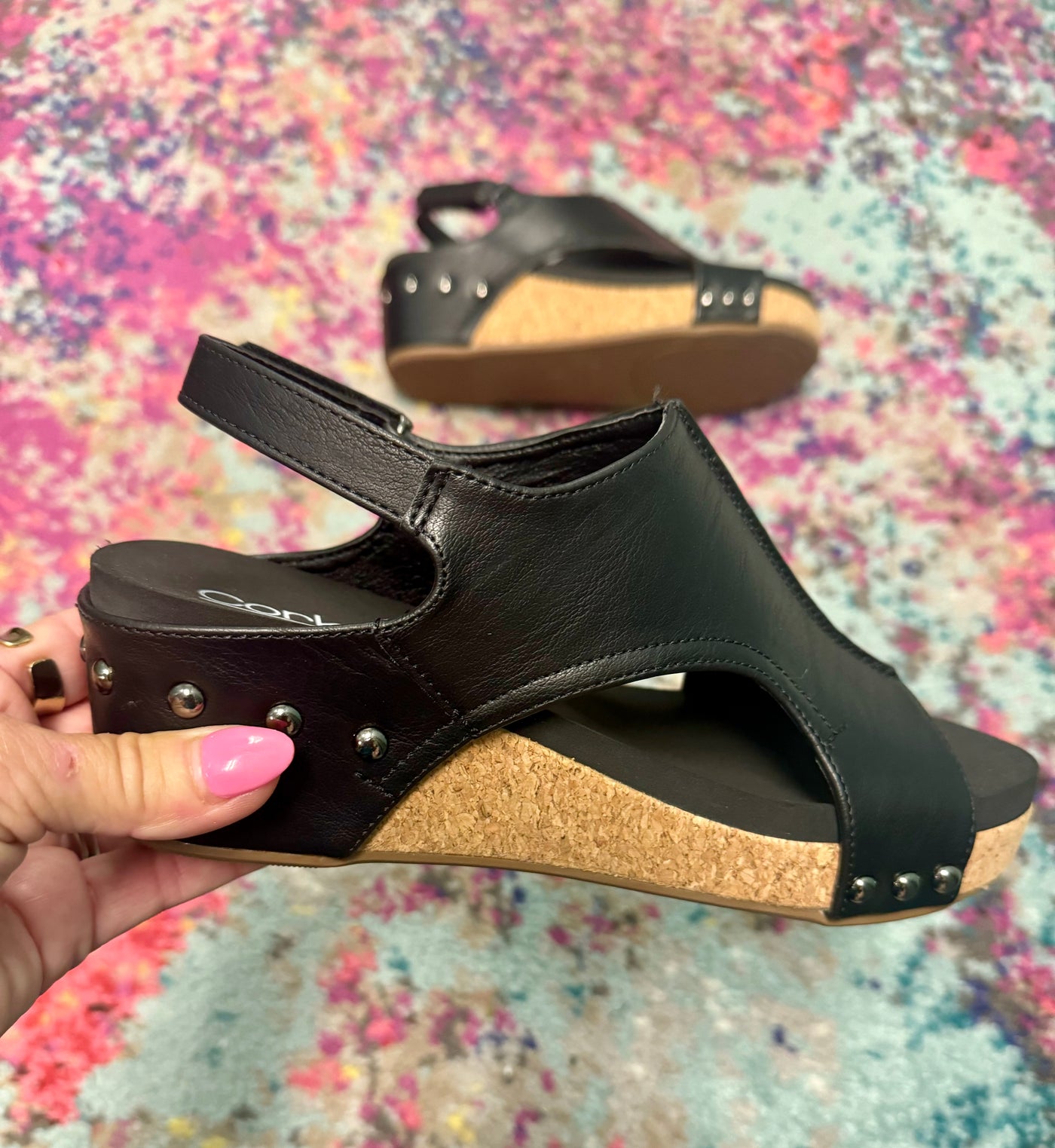 Corky’s Volta II Wedge Sandals in Black Smooth