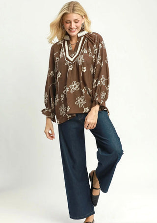 Umgee Mocha Daisy Lace Trim Blouse