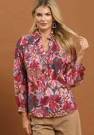 Umgee Painted Petals Smocked Blouse