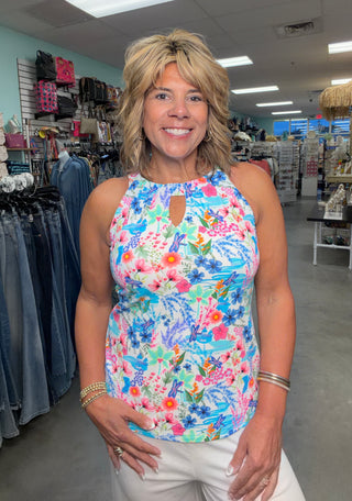LuLu B Spring Floral Halter Keyhole Top