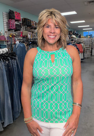 LuLu B Geo Bright Green Halter Keyhole Top