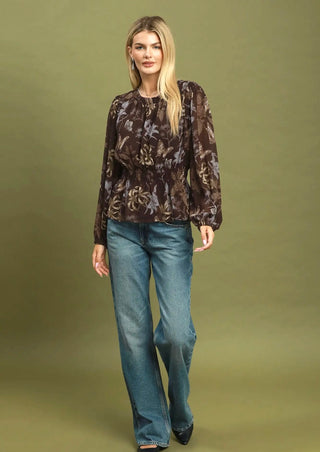 Umgee Mocha Butterfly Garden Peplum Blouse