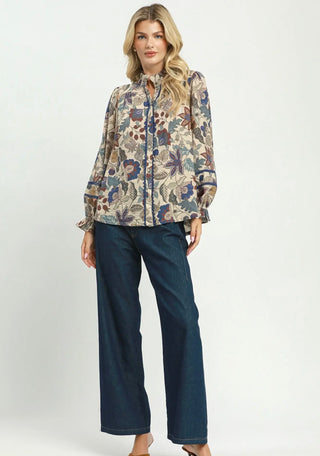 Umgee Vintage Garden Ruffle Neck Blouse