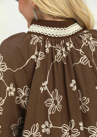 Umgee Mocha Daisy Lace Trim Blouse
