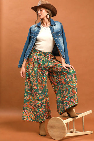 Umgee Paisley Print Embroidered Wide Leg Pants
