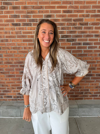 Umgee Floral Print Split Neck Blouse