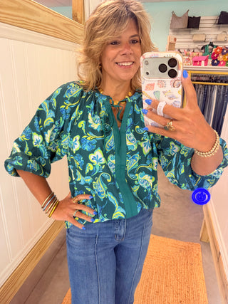 Umgee Abstract Contrast Trim Blouse