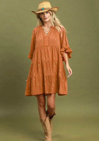 Umgee Golden Hour Metallic Dot Tiered Dress
