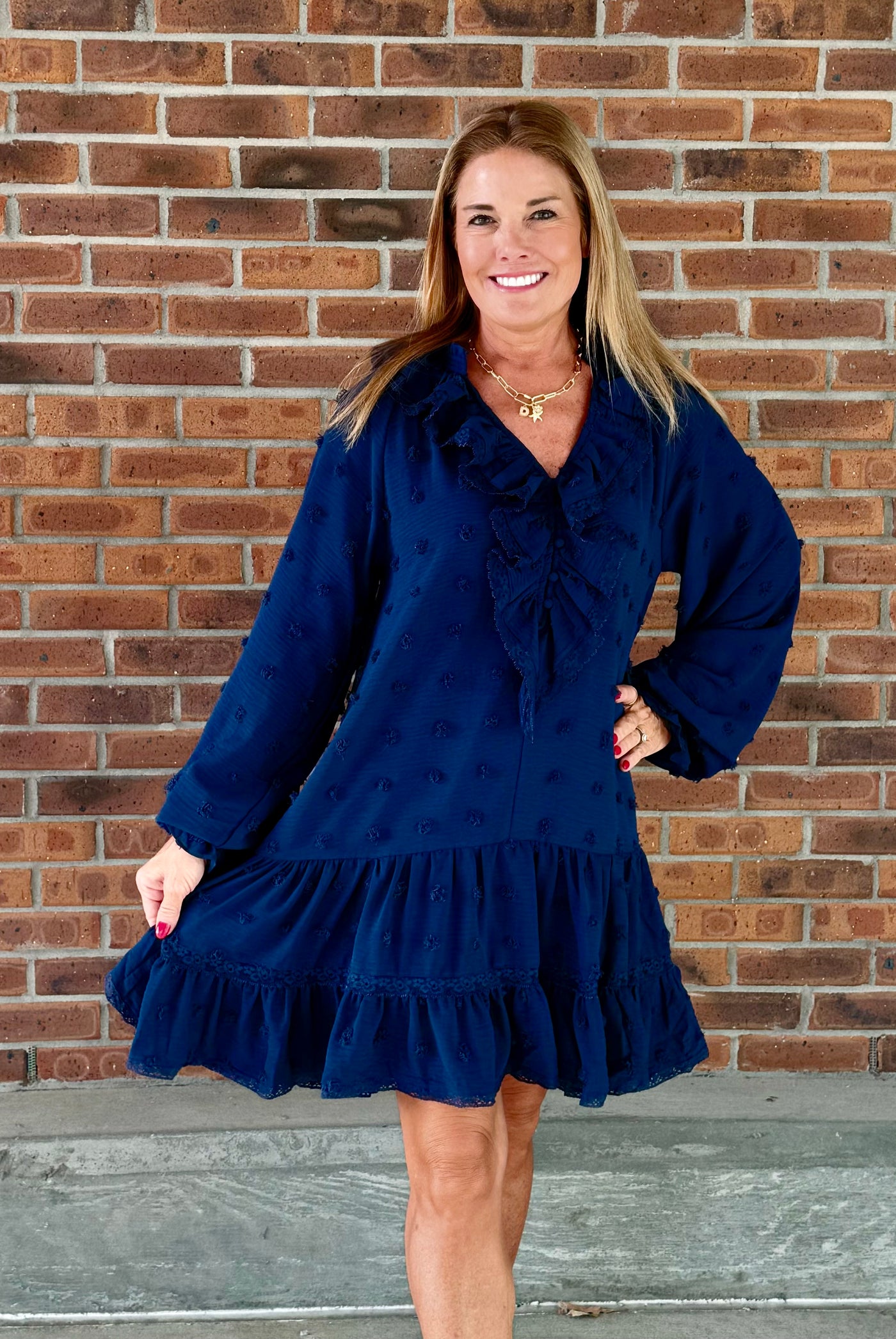 Pom Pom Chiffon Woven Navy Dress