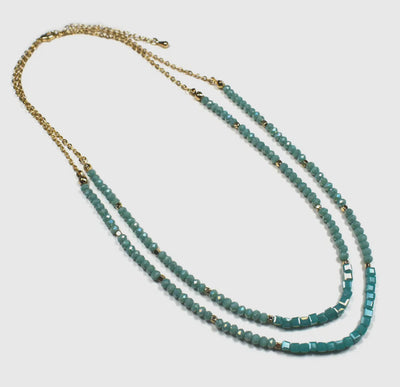 Iridescent Glass Beaded Chain Double Strand Line Necklace