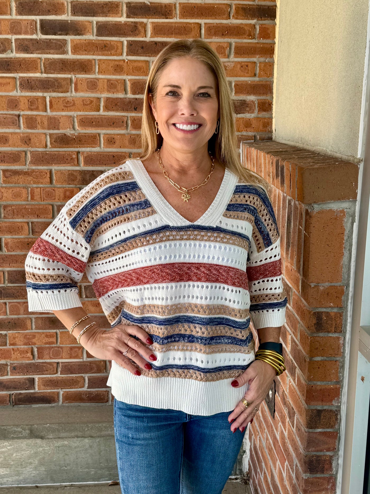 Striped V Neck Hollow Knitted Half Sleeve Sweater