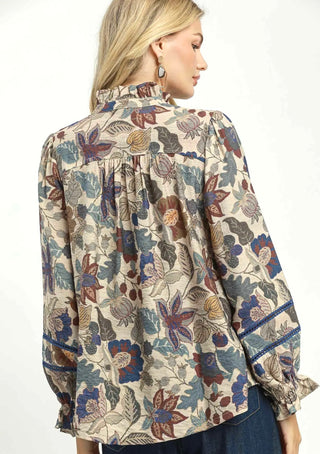 Umgee Vintage Garden Ruffle Neck Blouse