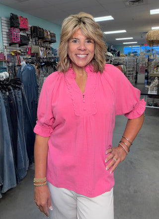 Umgee Ruffle Scallop Hem Button Blouse